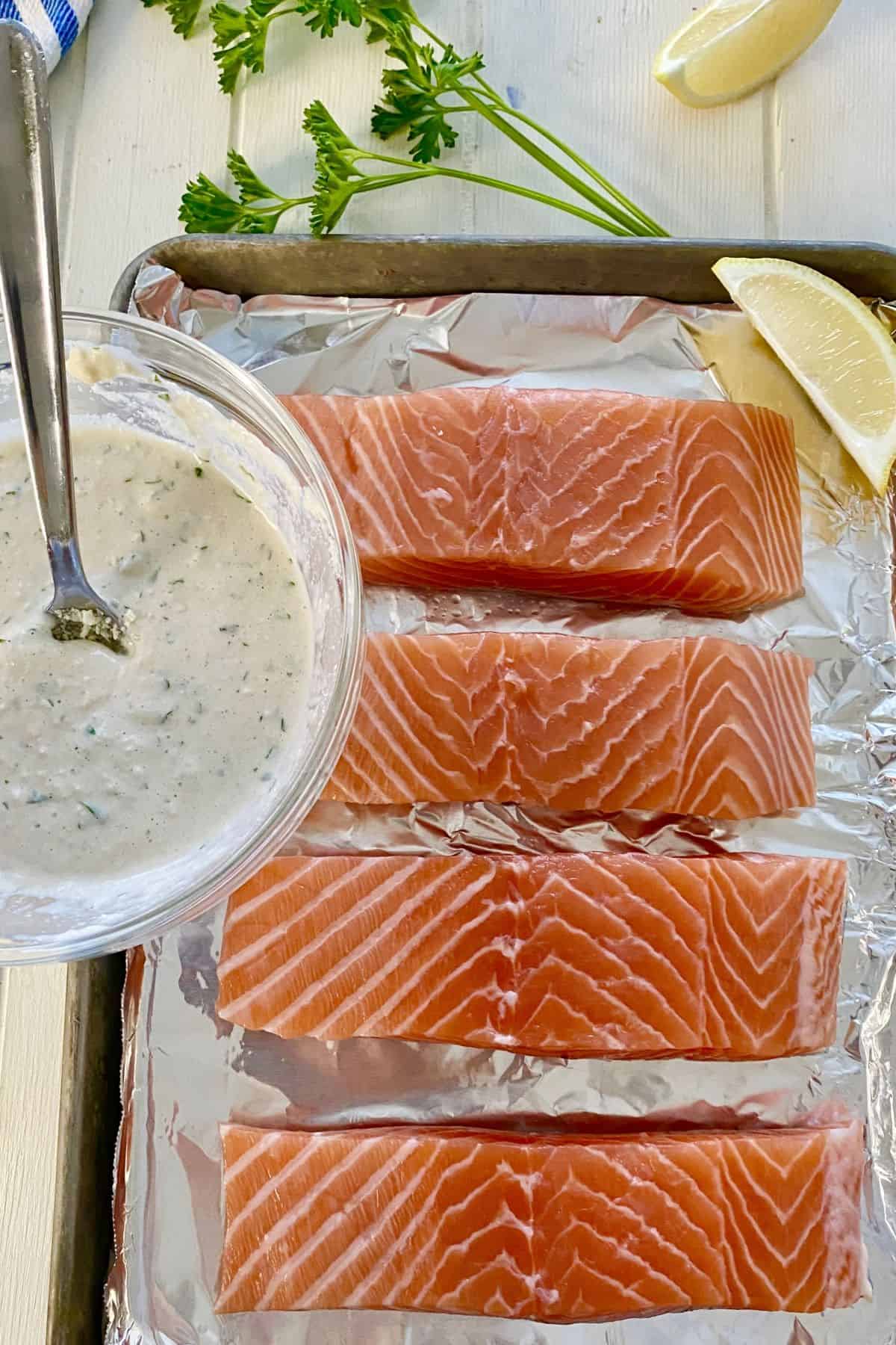 salmon filets and a creamy Caesar sauce.
