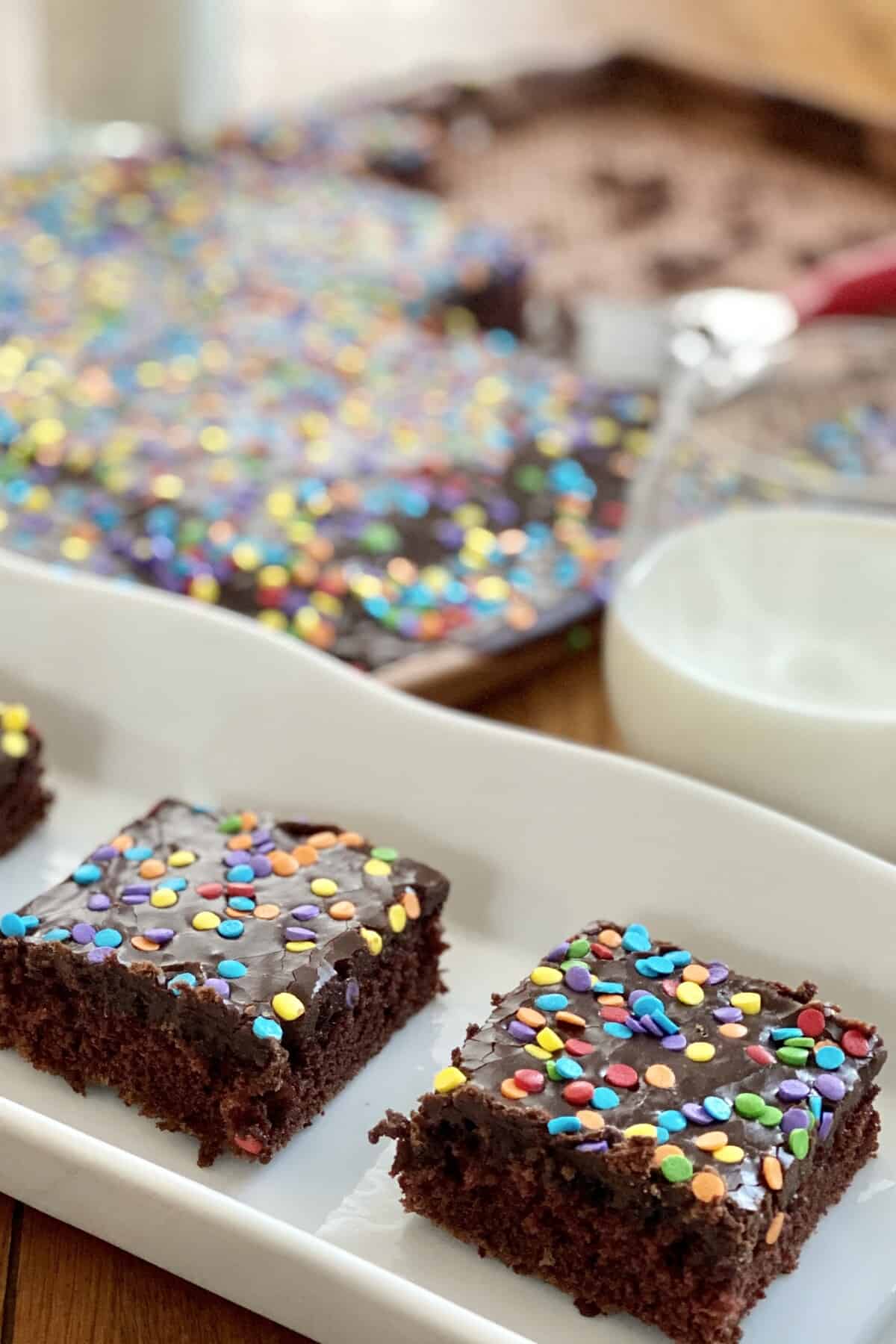 Texas sheet cake with a glass of milk.