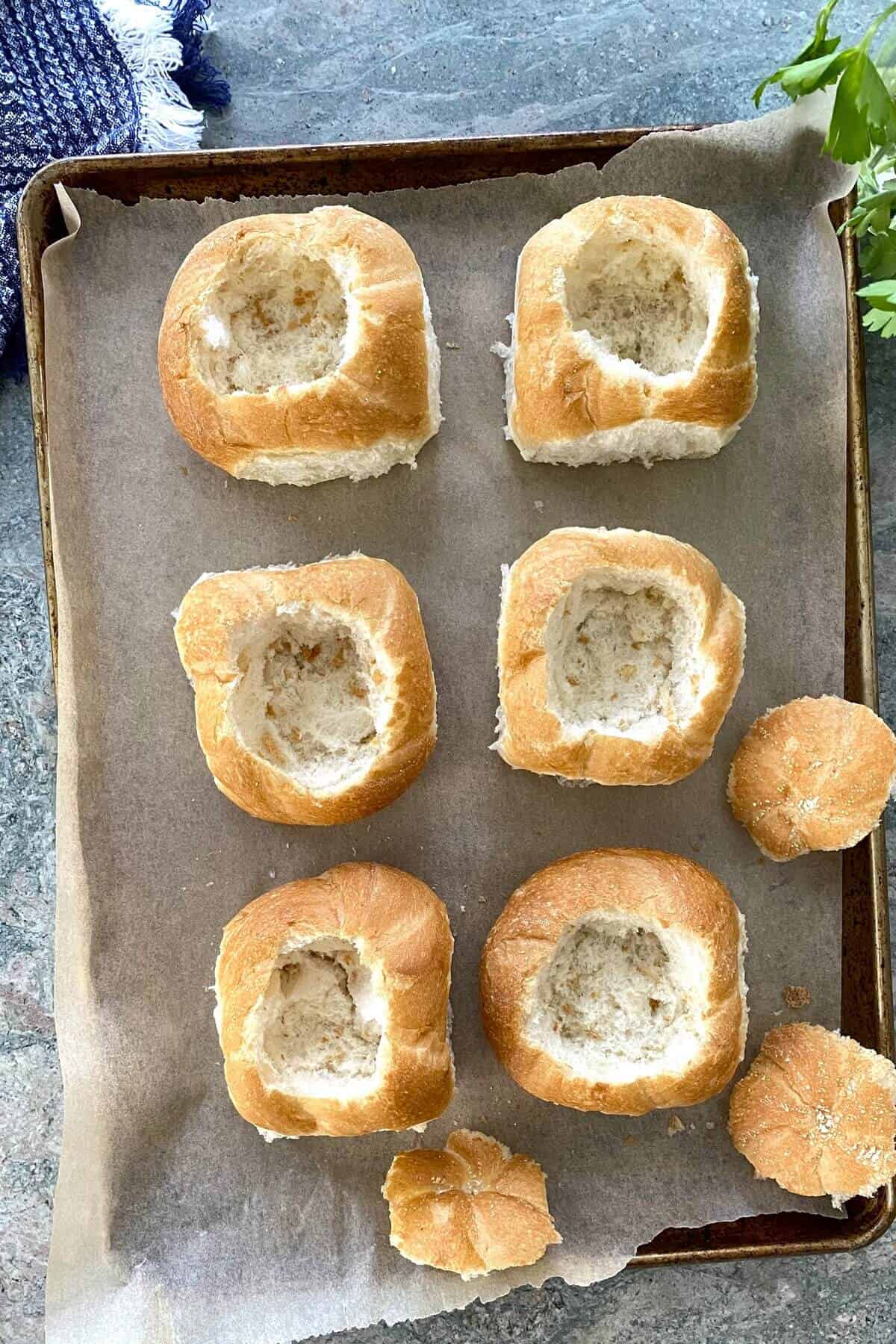 hollowed out rolls for egg and ham sandwiches.