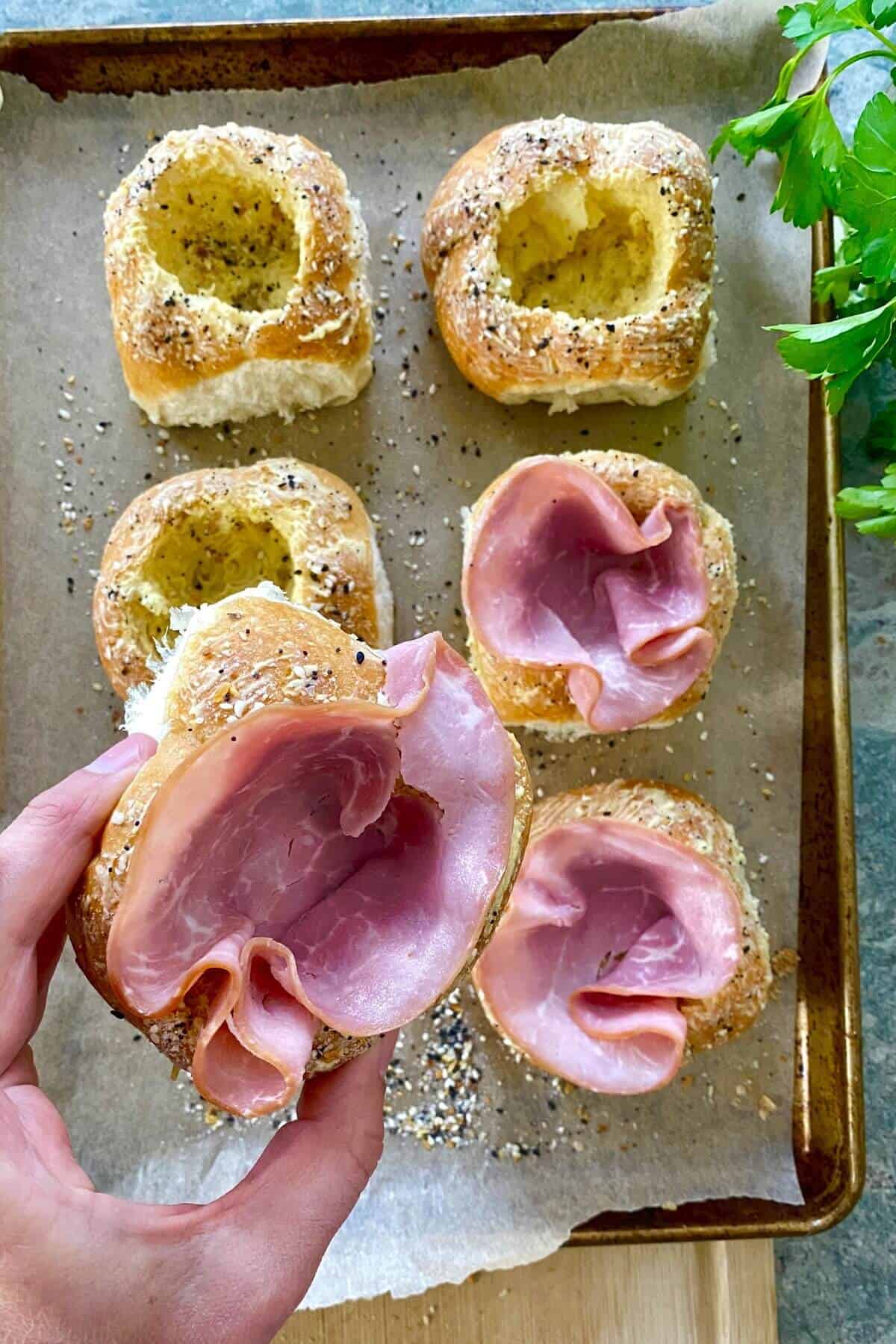 bread bowls filled with ham.