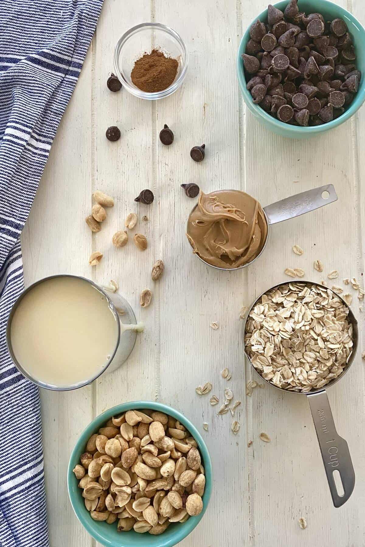 oats, peanuts, peanut butter, condensed milk, chocolate chips.