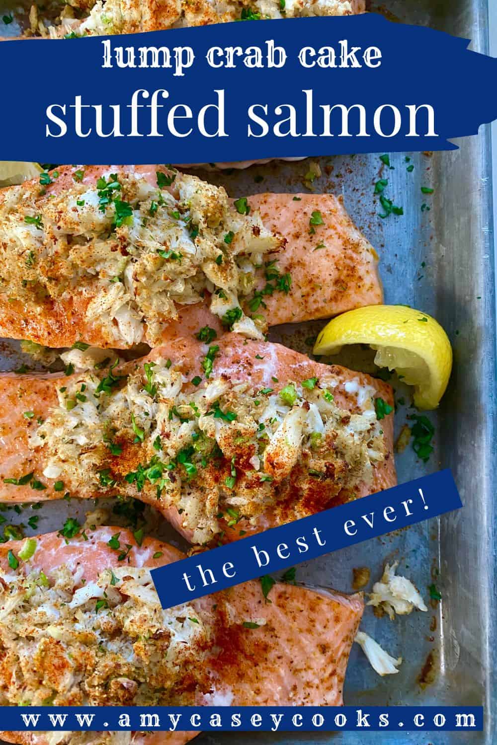 crab stuffed salmon and a lemon wedge.