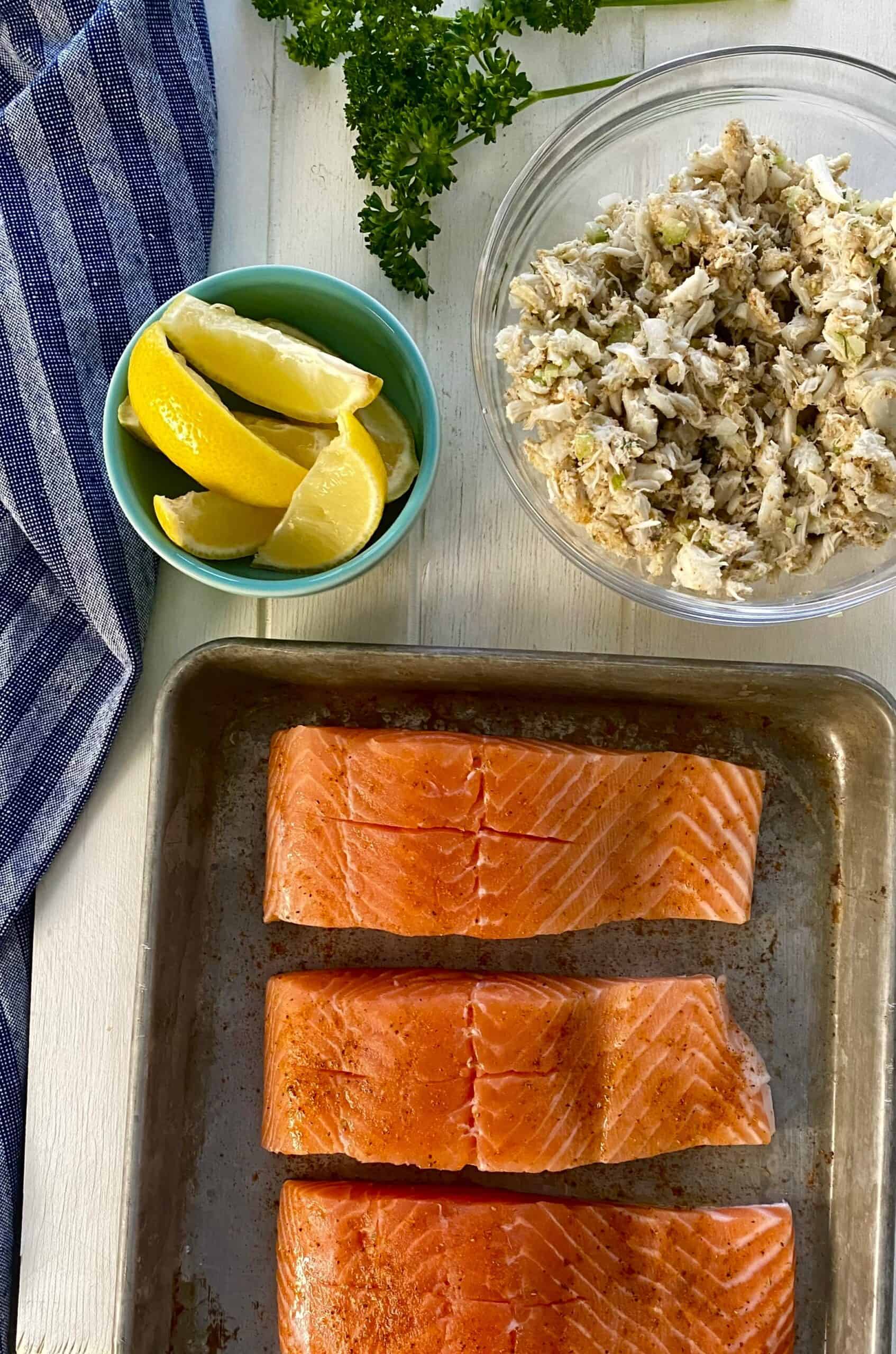crab cake filling, lemons and salmon.
