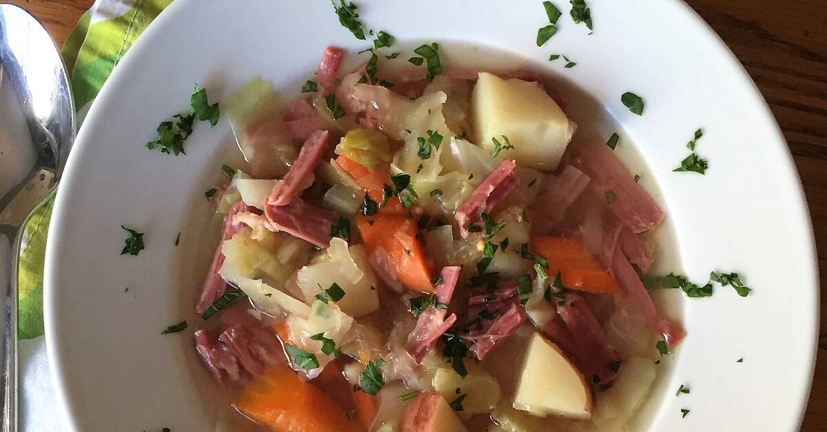 corned beef, potatoes, carrots, and sauerkraut soup.