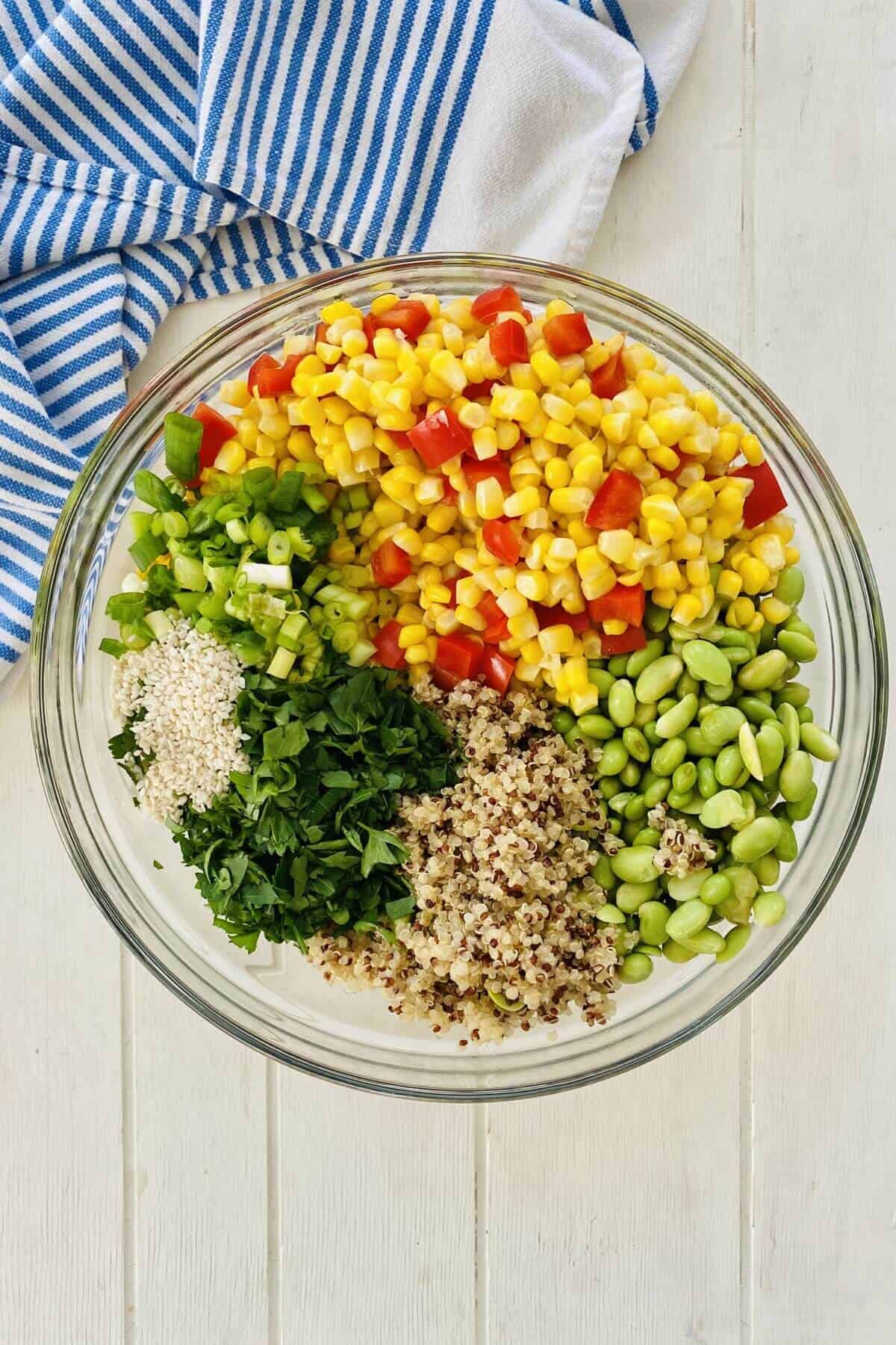 tricolor quinoa salad before mixing.