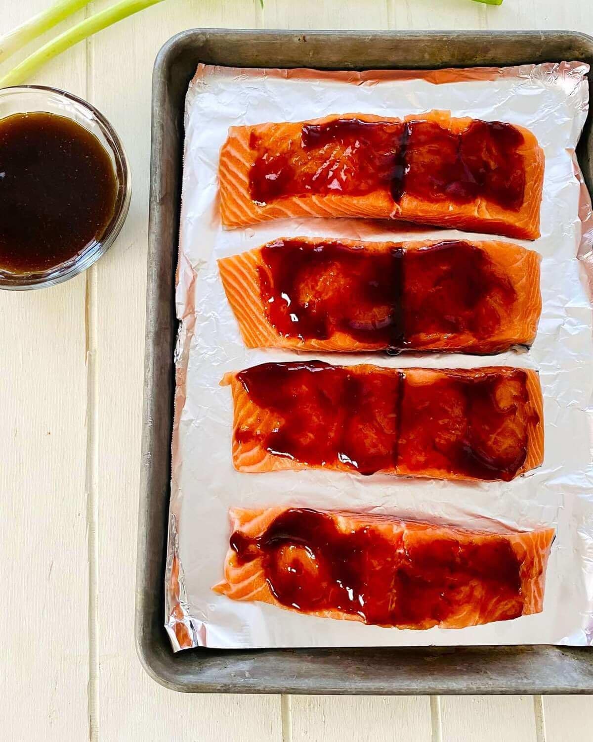 salmon brushed with hoisin sauce.