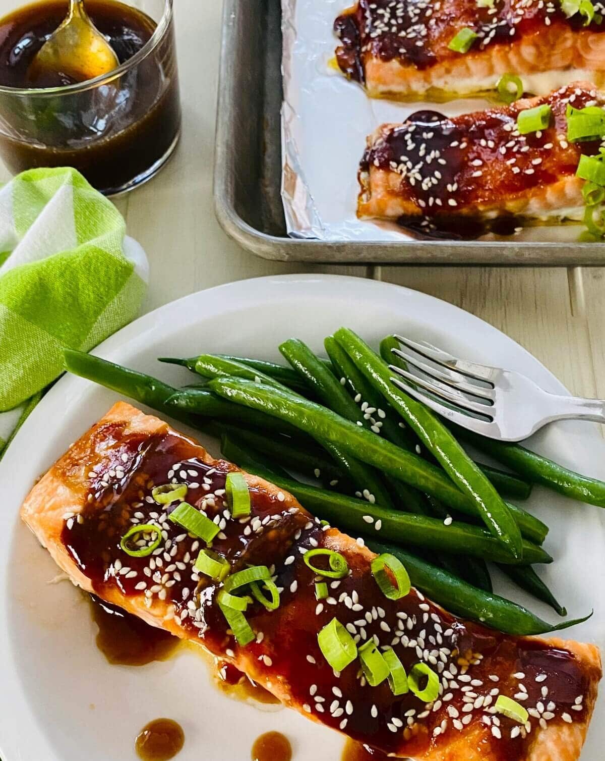 baked teriyaki salmon with green beans.