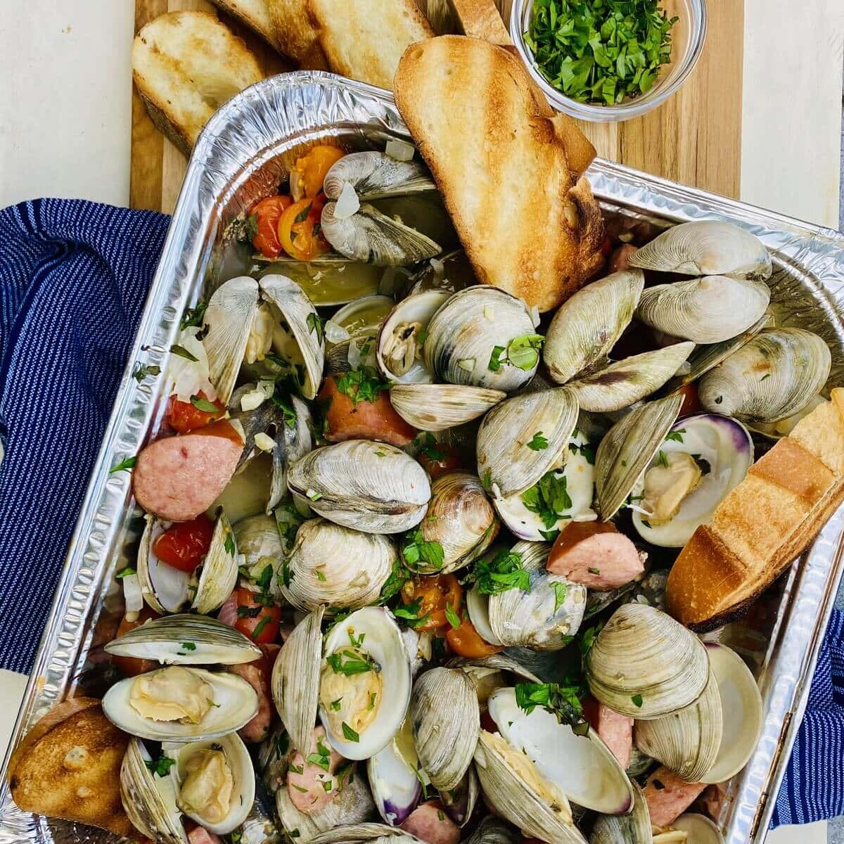 Drunken Clams with Wine, Garlic and Kielbasa