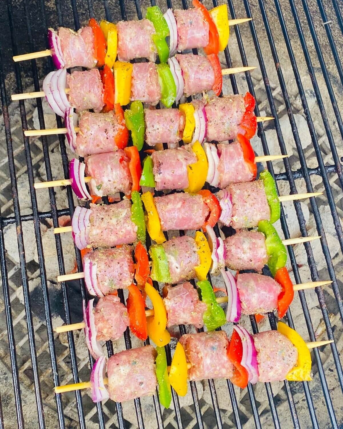 Sausage kabobs on grill.