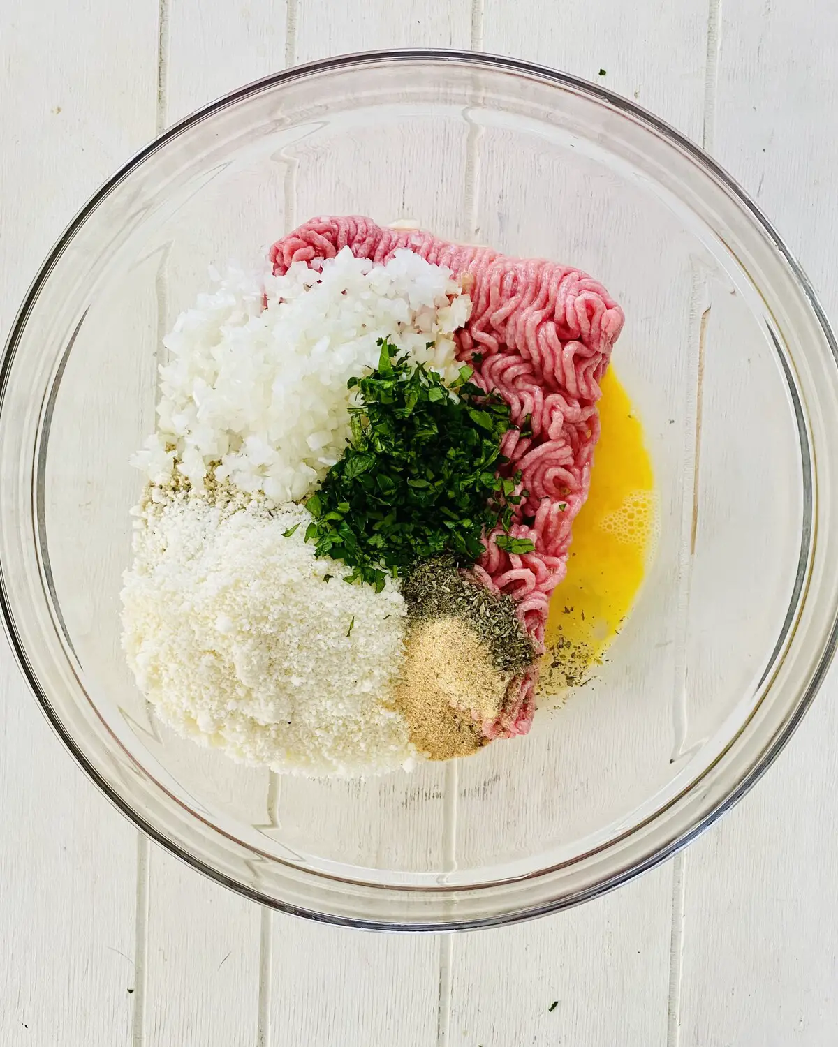 ground meat, Parmesan, panko, egg, onion, parsley.