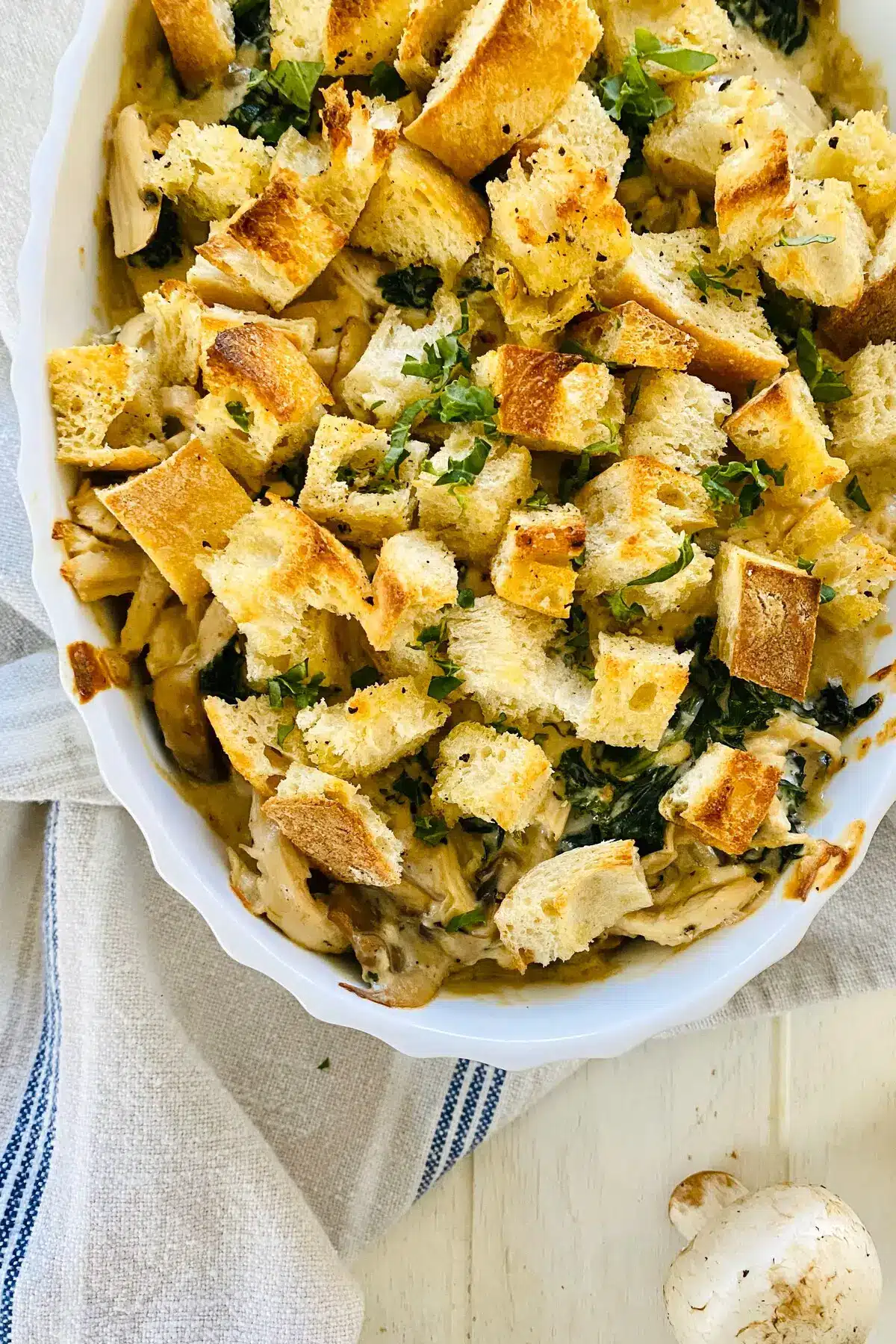 baked chicken casserole with croutons.