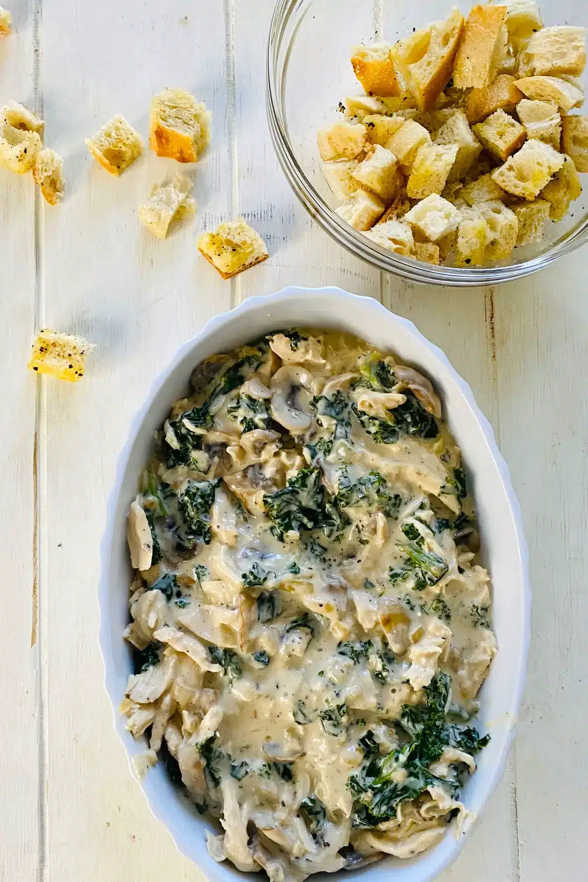 chicken and kale casserole in a baking dish.