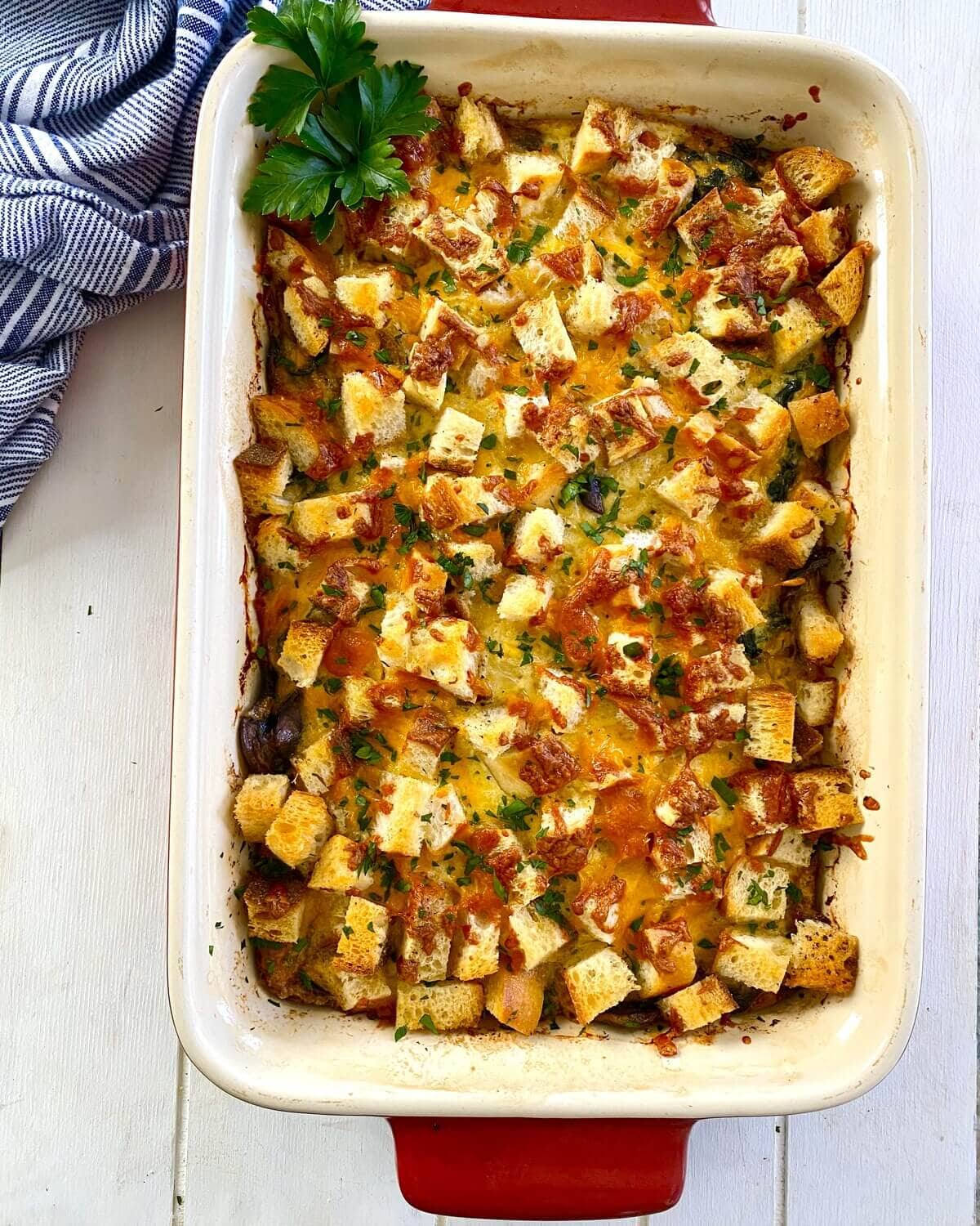 baked egg casserole with croutons.
