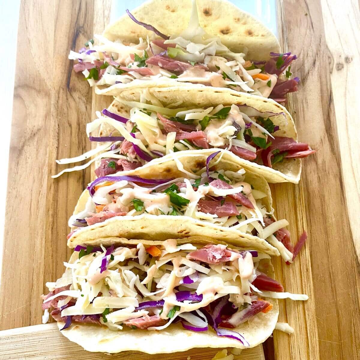 Irish corned beef tacos with cabbage.