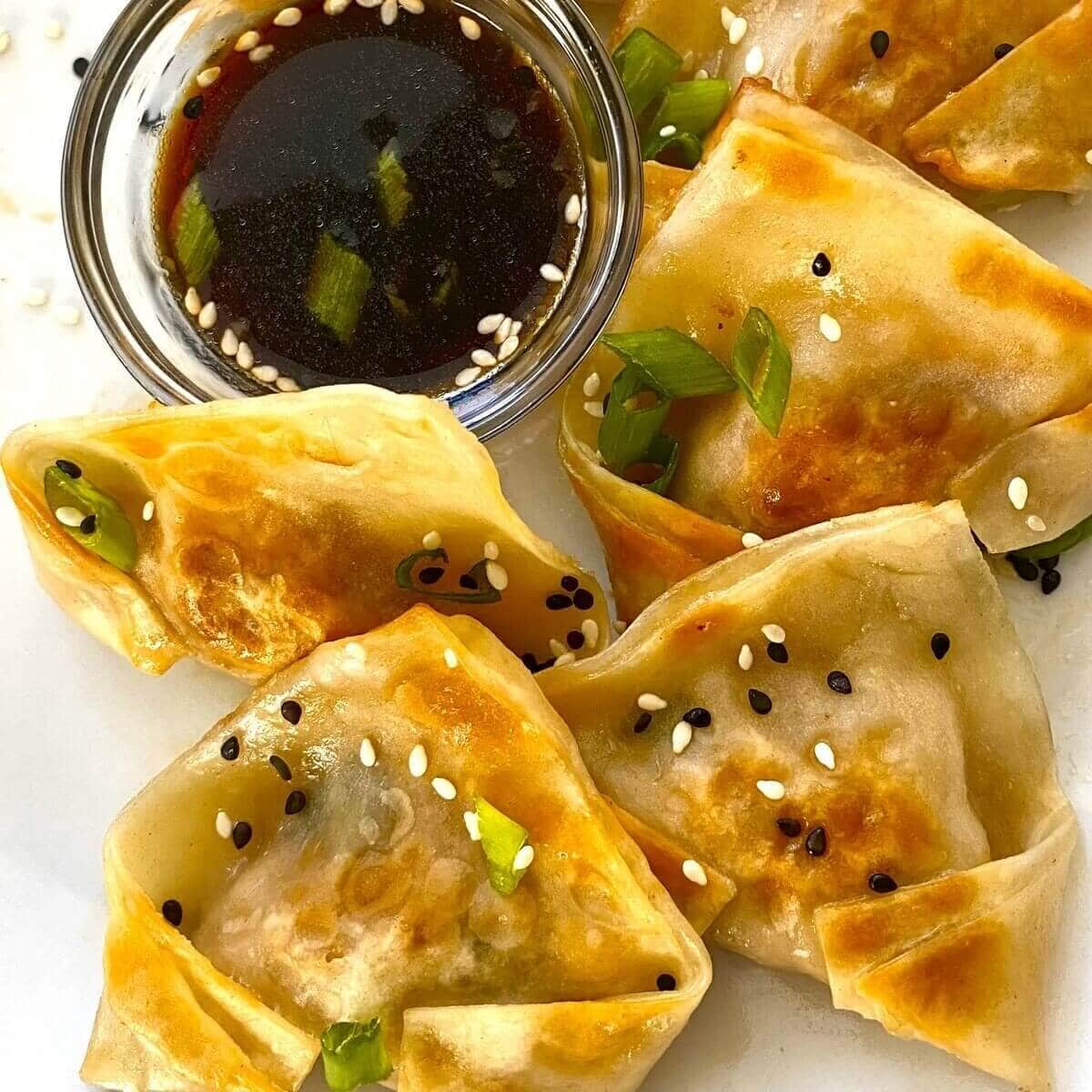 pork potstickers on a plate with dipping sauce.