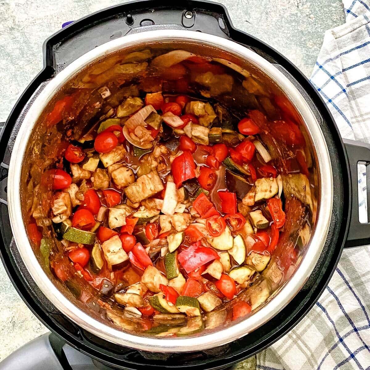 Ratatouille cooked in a crock pot.