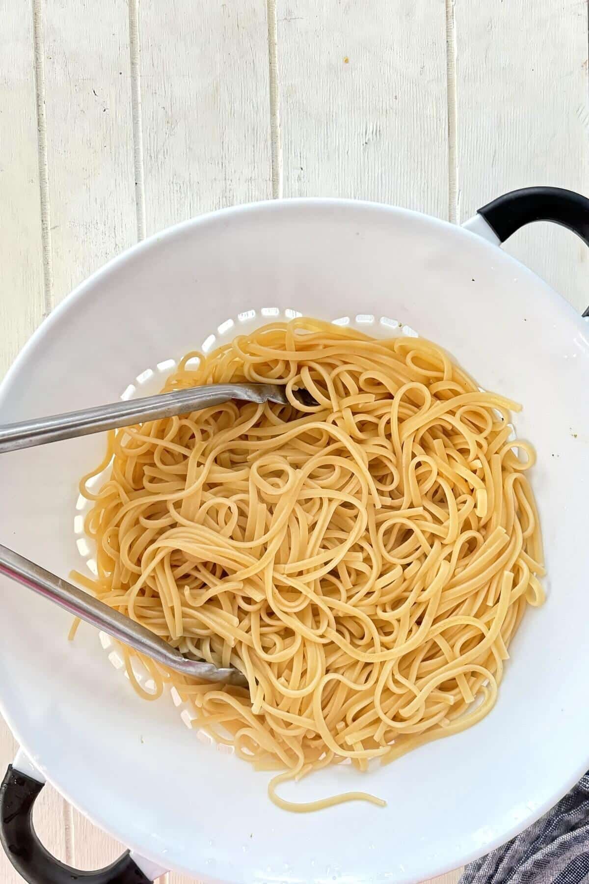 drained noodles in a colander.