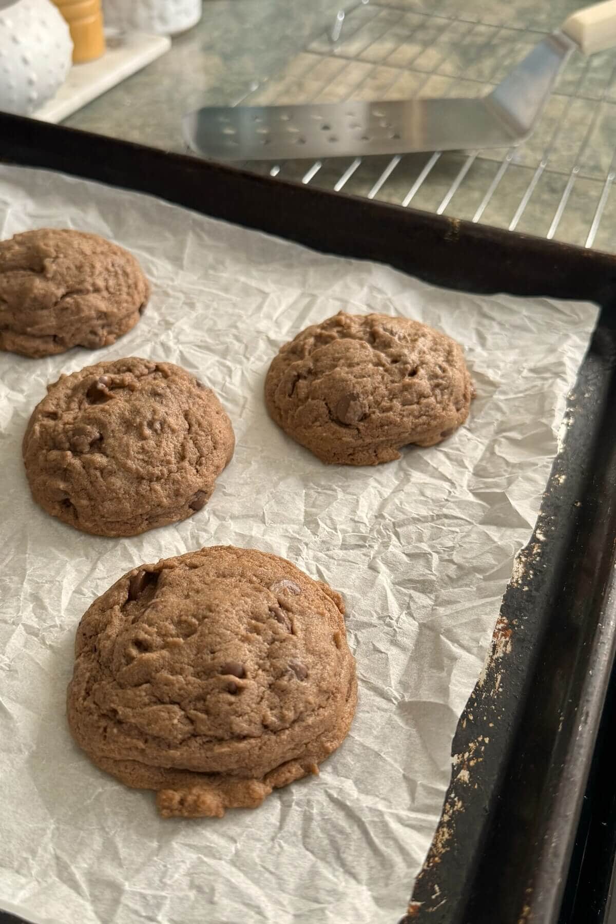 Baked chocolate chocolate chip cookies.