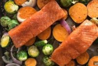 One-Pan Maple Salmon with Roasted Sweet Potatoes and Brussels Sprouts