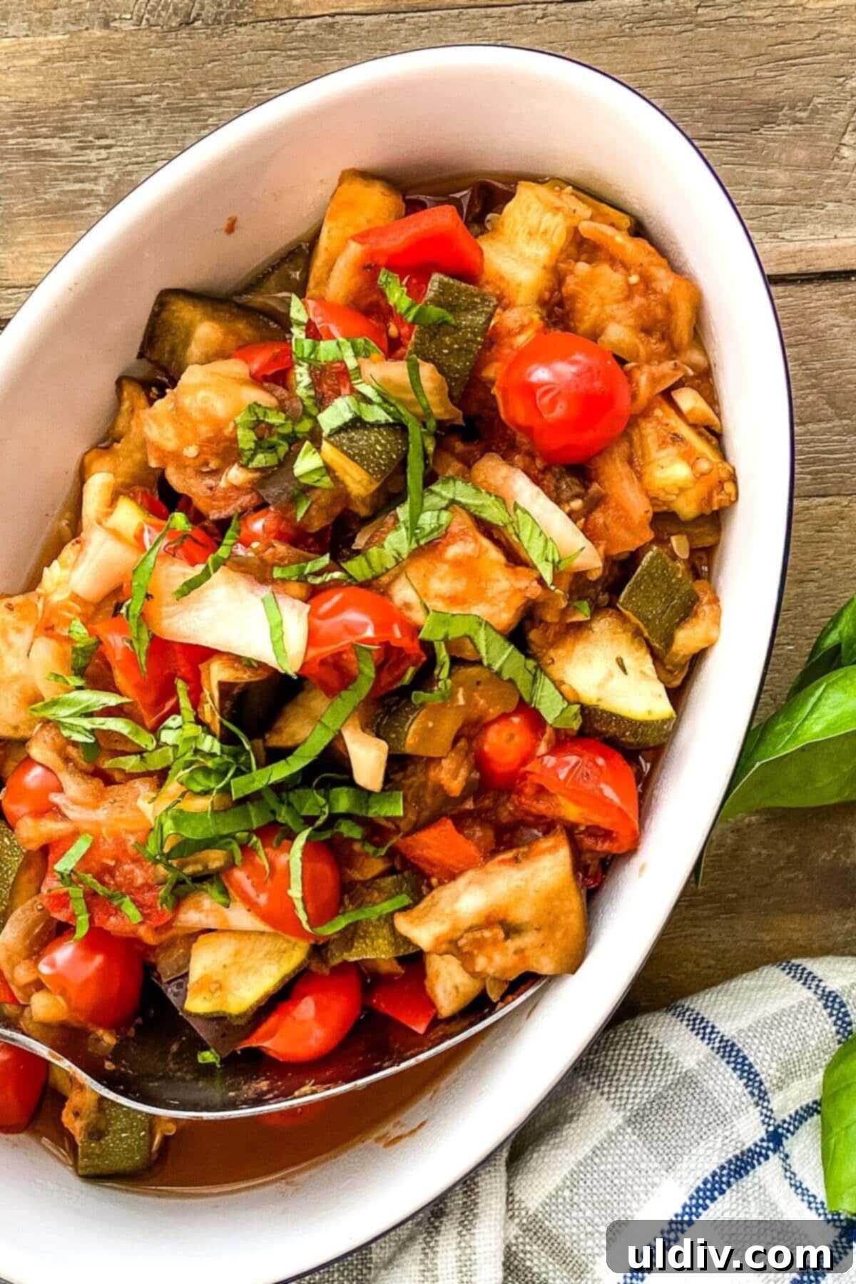 Serving dish filled with slow cooker ratatouille, showcasing vibrant vegetables.