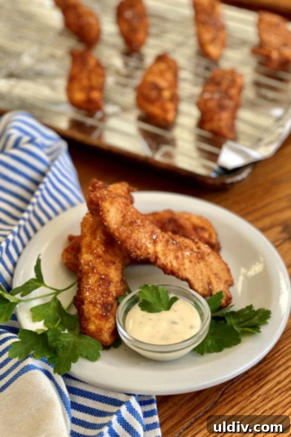 Southern Buttermilk Fried Chicken Tenders 3 A beautifully arranged plate of golden-brown buttermilk fried chicken tenders, ready to be devoured.