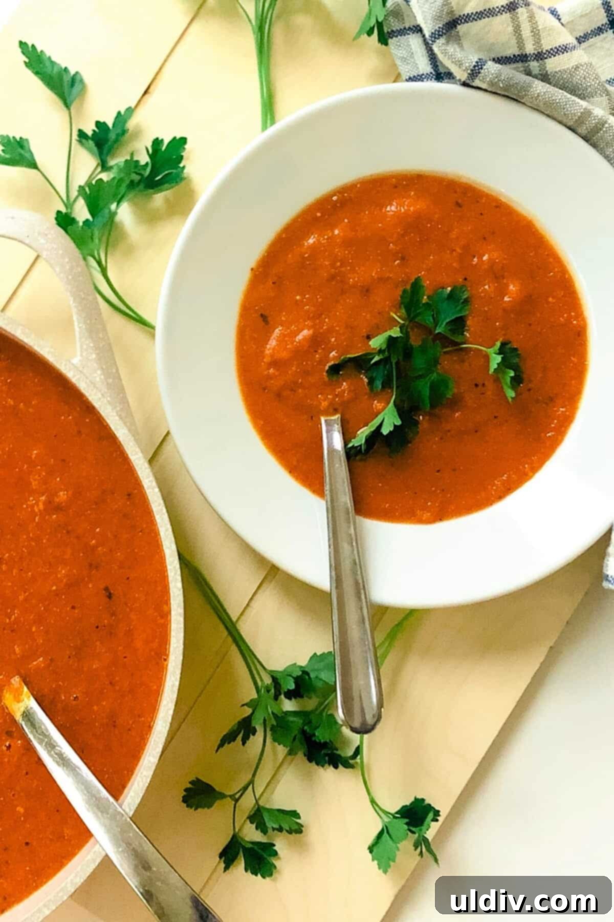 Basil-Kissed Tomato Bisque 3 A pot and bowl of tomato soup.