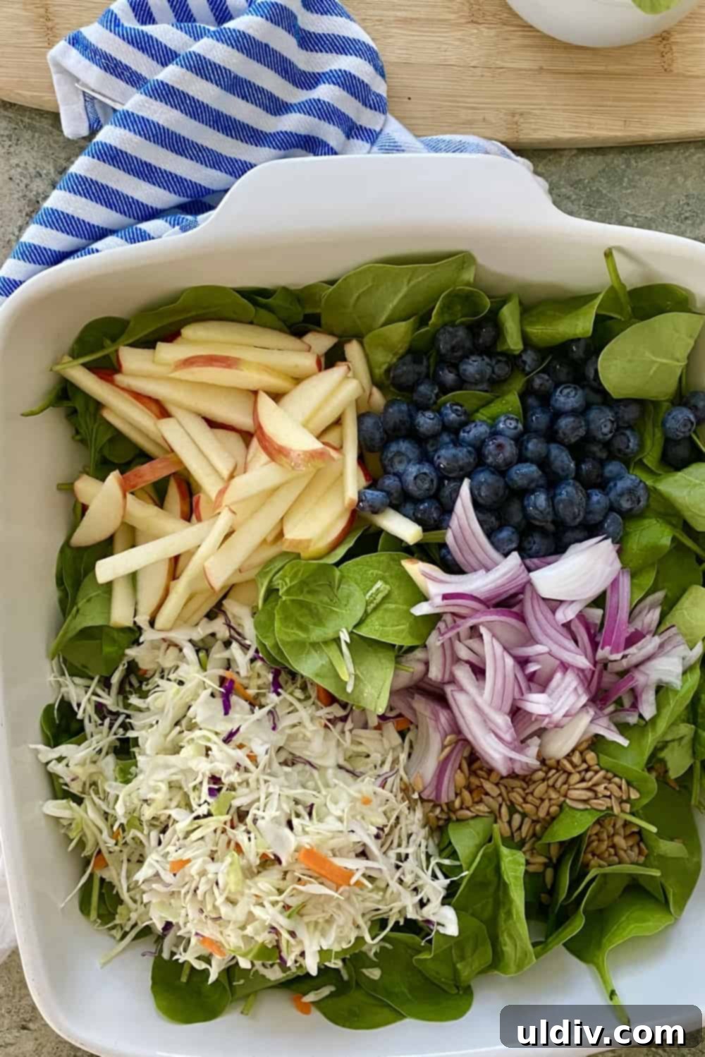 Vibrant Spinach Blueberry Salad with Creamy Yogurt Dressing 6 A vibrant spinach salad with apples, red onion, and sunflower seeds, ready to be dressed.