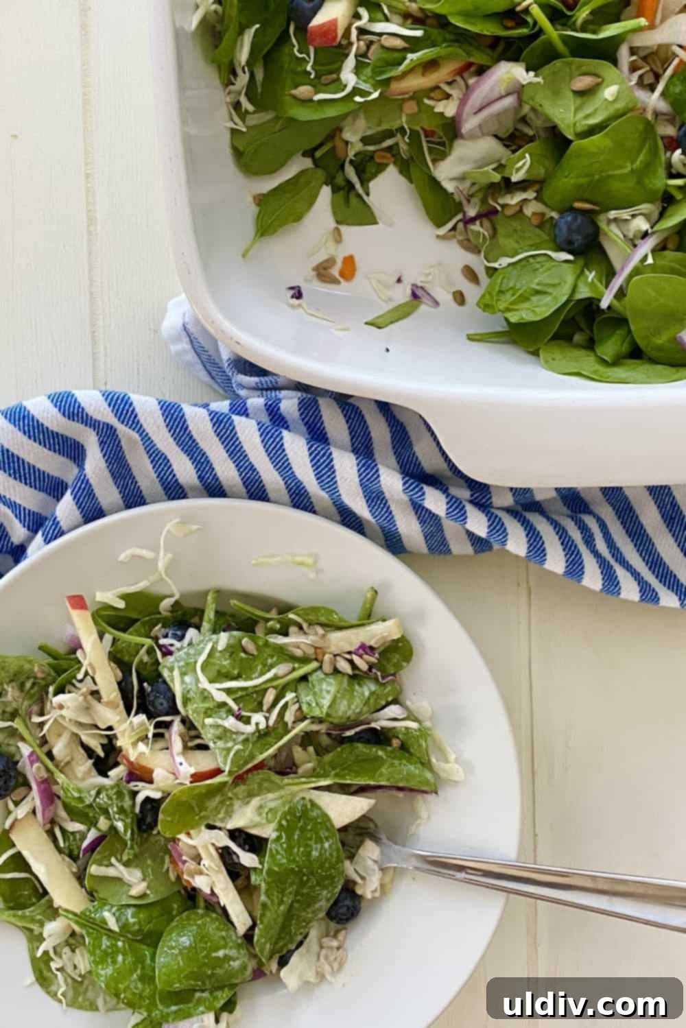Vibrant Spinach Blueberry Salad with Zesty Yogurt Dressing 9 spinach blueberry salad in a bowl and serving dish