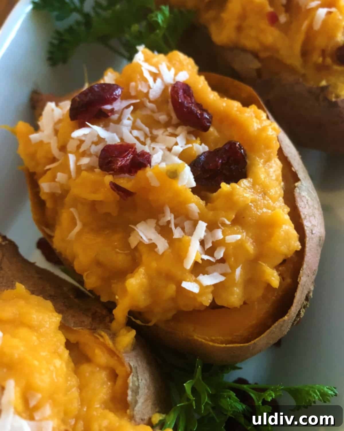 Tropical Vegan Coconut Stuffed Sweet Potatoes 2 baked sweet potatoes stuffed topped with coconut and dried cranberries