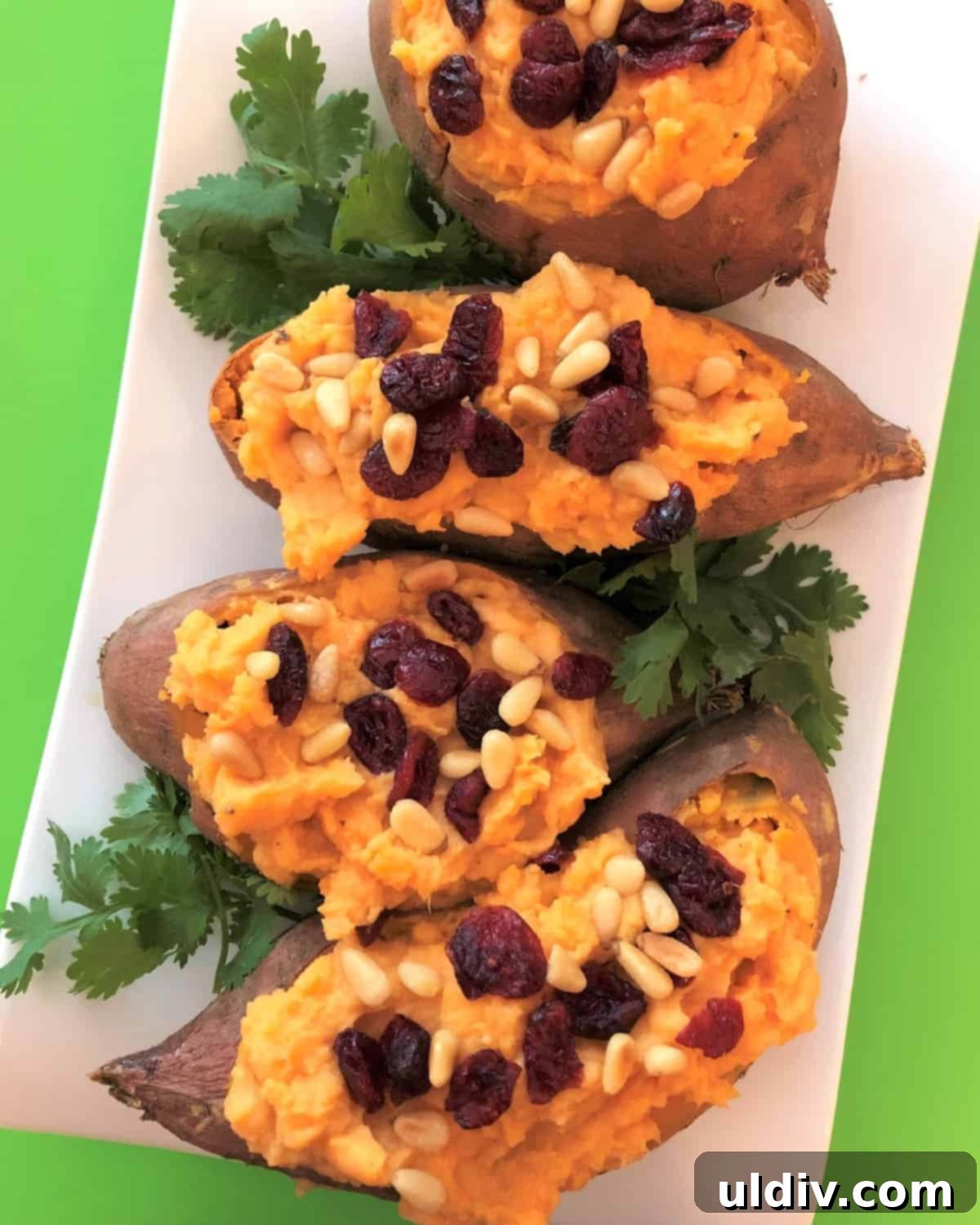 Tropical Vegan Coconut Stuffed Sweet Potatoes 6 baked and stuffed sweet potatoes with raisins and pine nuts