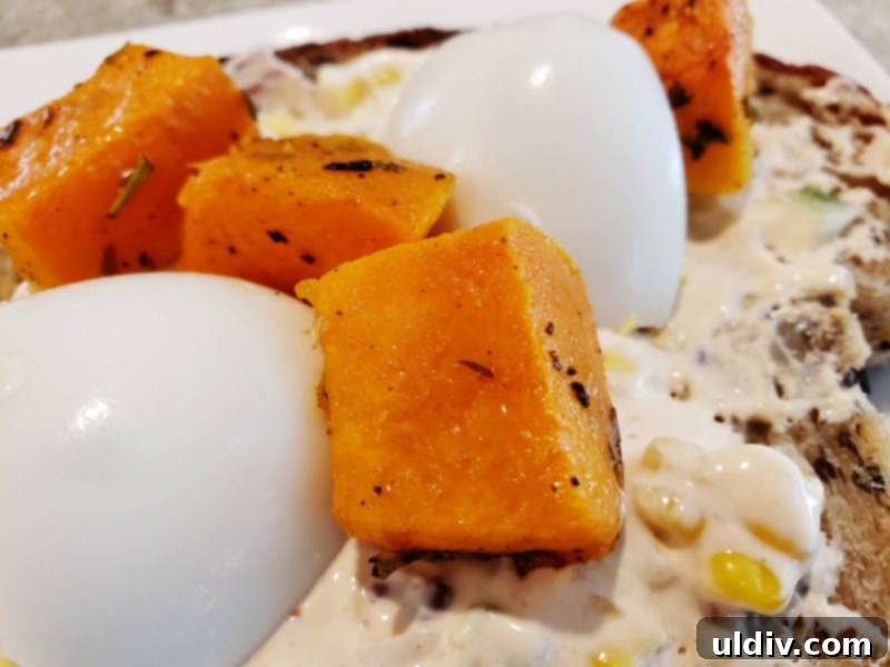 Flavorful Rustic Duck Egg Sandwich Your Meatless Monday Essential 7 Arrangement of duck egg and butternut squash on bread, ready for the microgreens layer