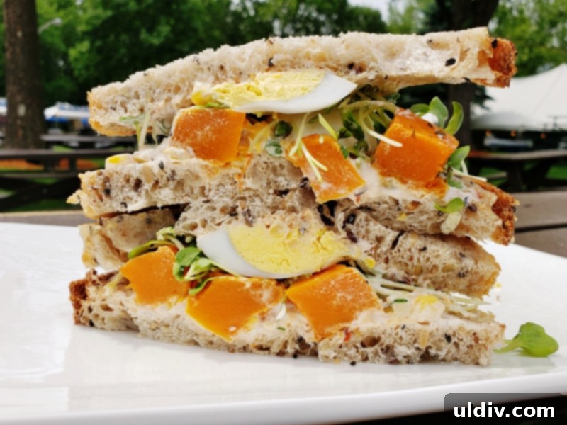 Flavorful Rustic Duck Egg Sandwich Your Meatless Monday Essential 10 A grand, fully assembled duck egg and butternut squash sandwich, showcasing its generous fillings