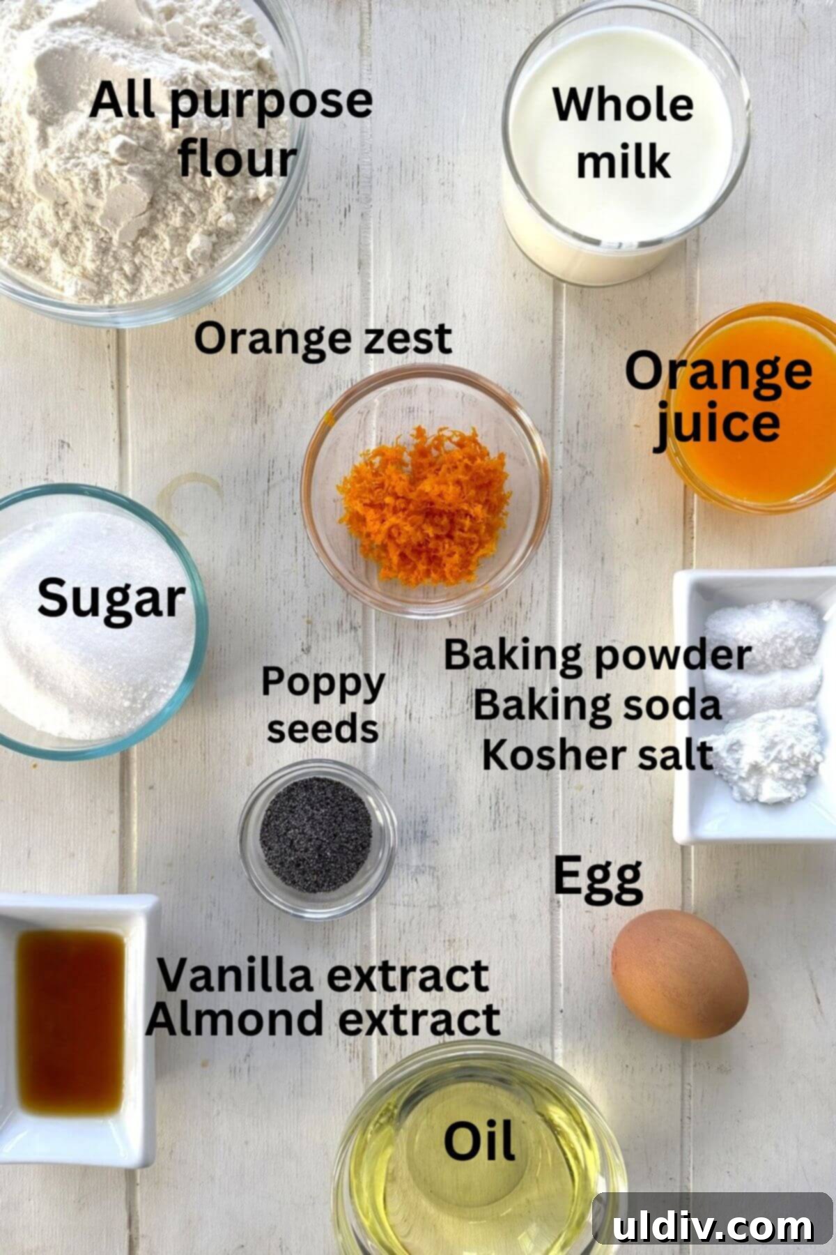 Sunshine Orange Poppy Muffins 4 Flour, sugar, orange juice, zest, egg, milk, baking powder, kosher salt displayed on a white board.