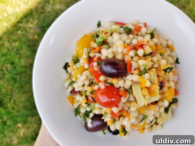 Evdeki Malzemelerle Yazlık Vegan Kuskus Salatası 11 Close-up of the ready-to-serve couscous salad with fresh basil garnish.