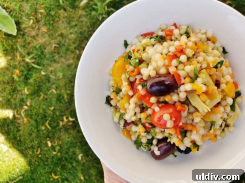 Evdeki Malzemelerle Yazlık Vegan Kuskus Salatası 13 Top-down view of the finished couscous salad with fresh herbs and a wooden spoon, ready to serve.