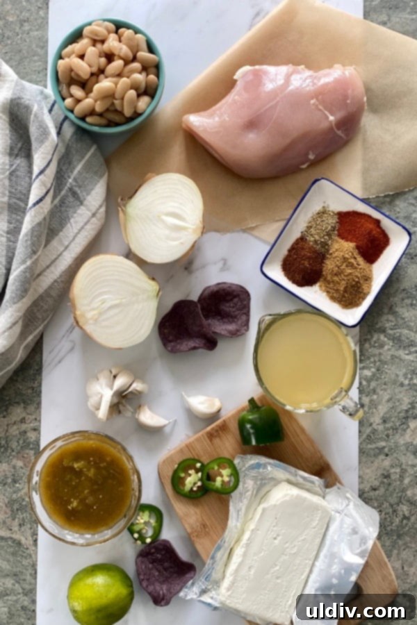 Creamy Instant Pot Chicken Enchilada Soup 3 Fresh ingredients for Instant Pot Creamy Green Enchilada Chicken Soup, including chicken breasts and a jar of salsa verde.