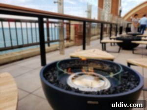 Expansive outdoor terrace of Offshore rooftop bar at Navy Pier, overlooking the city