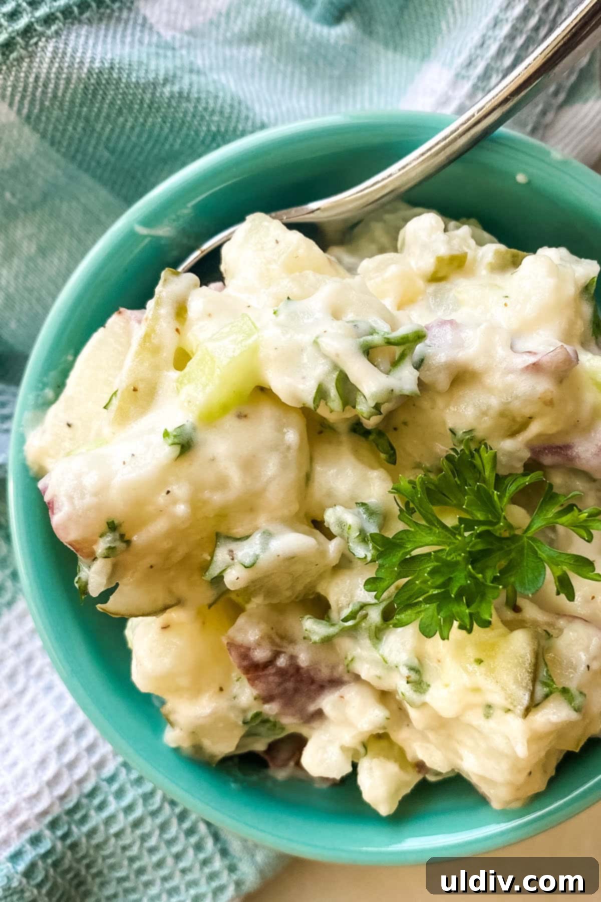 Creamy Red Potato Salad with a Tangy Dill Bite 2 small serving of potato salad with dill pickles