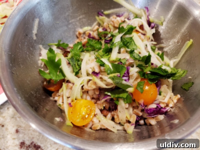 Year-Round Farro and Chayote Squash Salad 3 Close-up of fresh chayote squash and red cabbage, ready for grating.