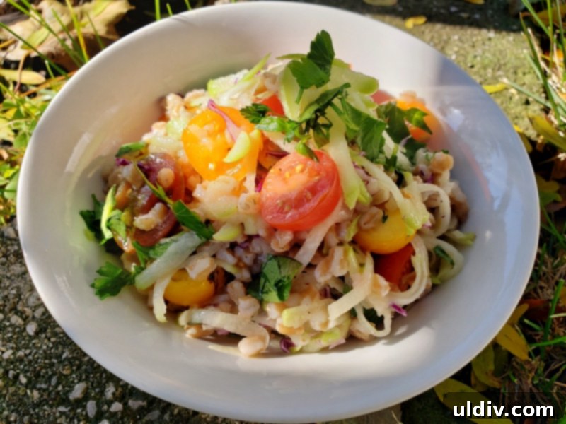 Year-Round Farro and Chayote Squash Salad 5 A close-up of the Farro and Chayote Squash Salad, showing texture.