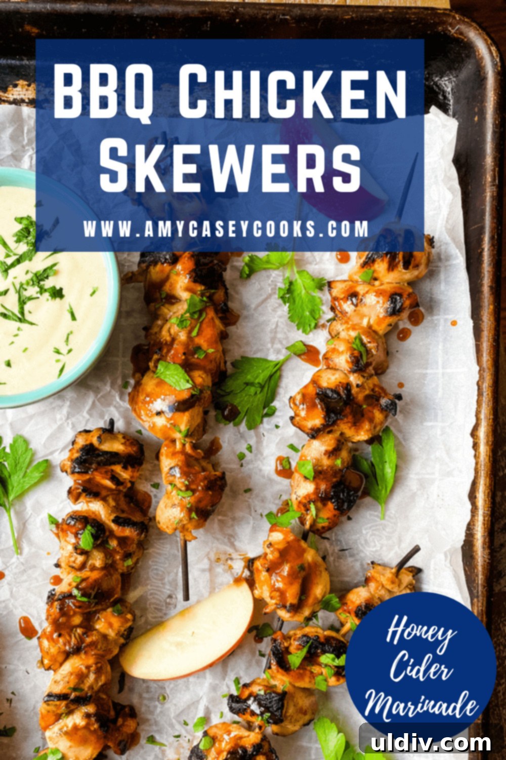 Honey-Glazed Cider Chicken Skewers with Sweet Mustard Sauce 5 Cider honey chicken skewers garnished with fresh parsley and dipping sauce