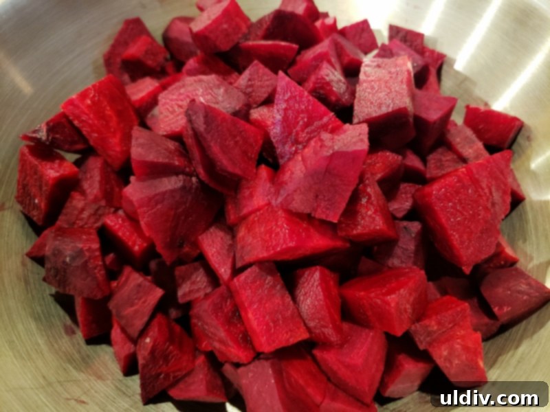 Super Bowl Vegan Snacks: Beetroot Appetizer & Plant-Based Game Day Recipes 4 Close-up of vibrant red beetroot cubes, showcasing their rich color.