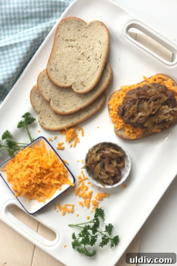 Ultimate Caramelized Onion Patty Melt 3 overview of ingredients in sandwich