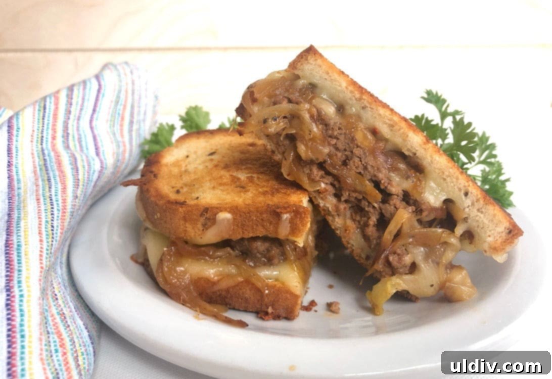 Ultimate Caramelized Onion Patty Melt 6 patty melt with caramelized onions and melting cheese