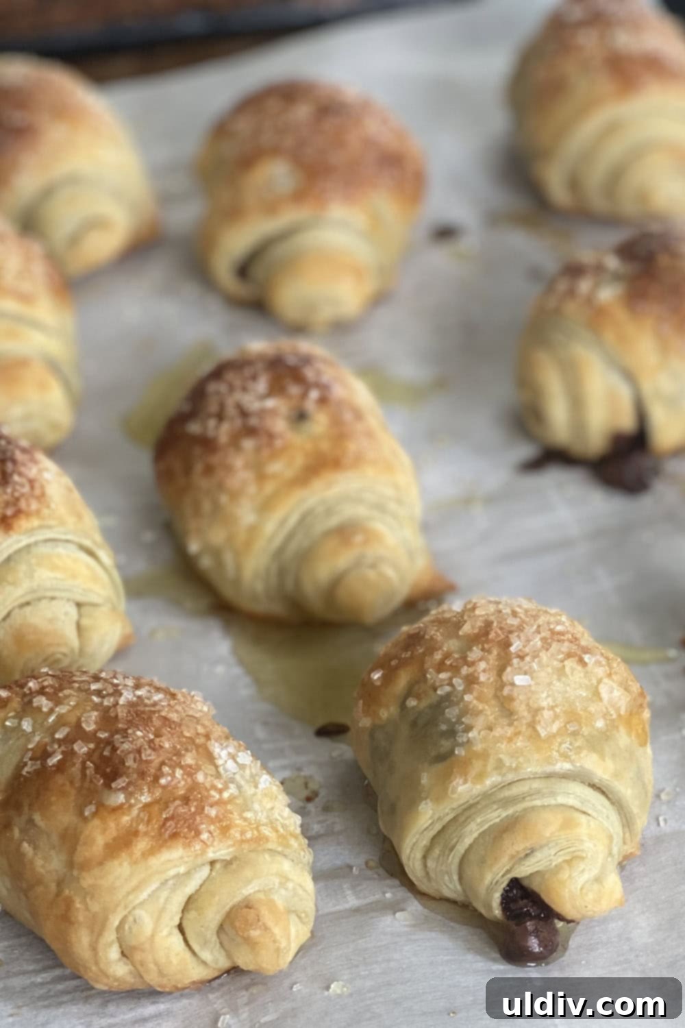 Flaky Chocolate Puff Bites 2 golden brown mini chocolate puff pastry rolls on a baking sheet, ready to be enjoyed