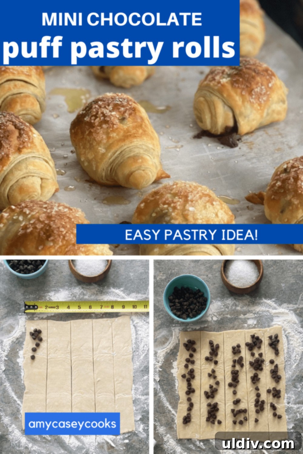Flaky Chocolate Puff Bites 9 hands demonstrating the rolling technique for mini chocolate puff pastry rolls