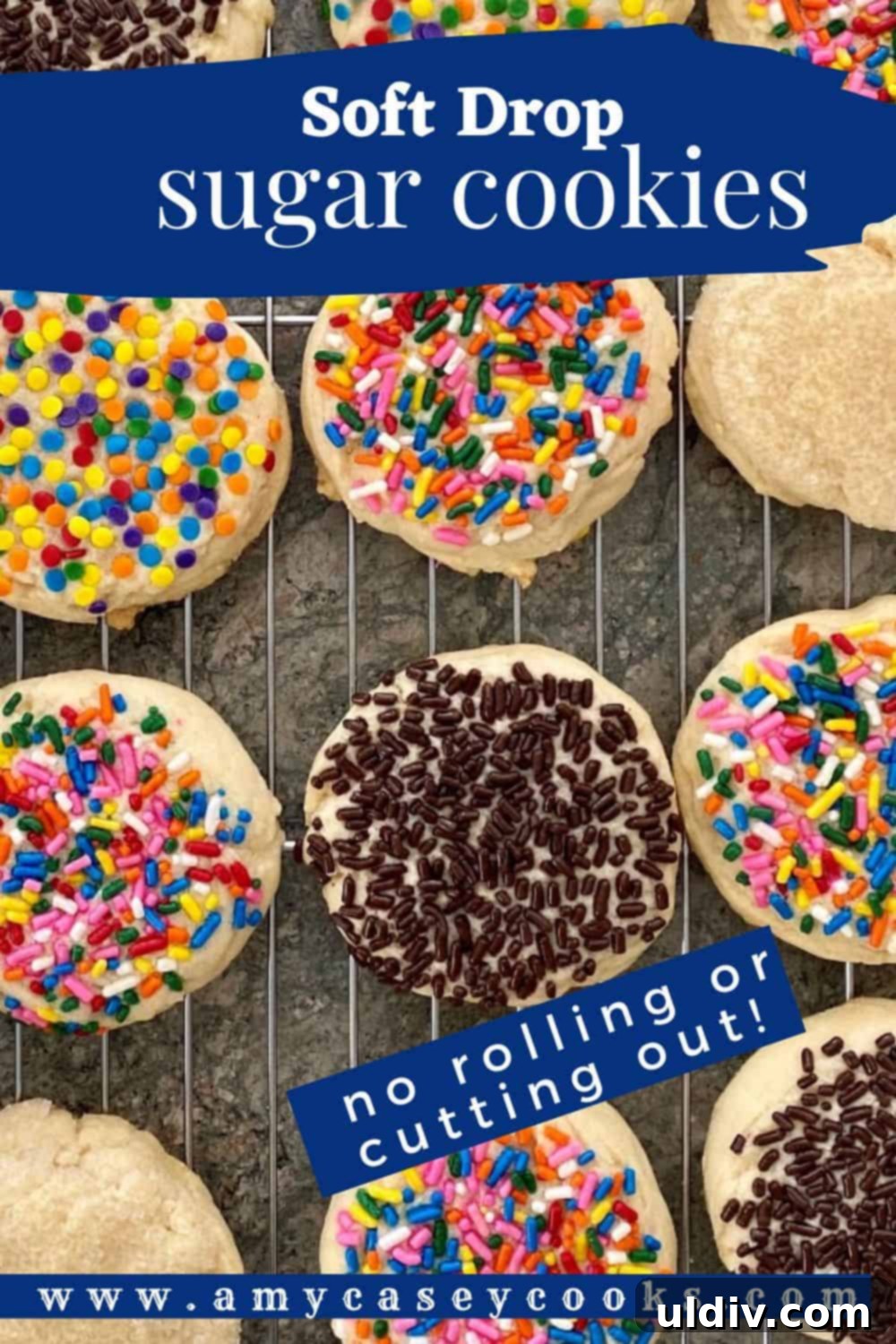 Perfect Drop Sugar Cookies No Rolling No Cutting 7 A cooling rack laden with freshly baked drop sugar cookies, their soft centers and sprinkle-covered tops ready for enjoyment.