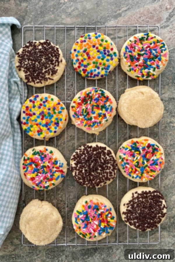 Perfect Drop Sugar Cookies No Rolling No Cutting 3 A dozen perfectly baked drop sugar cookies, each generously coated with a variety of colorful sprinkles, creating a festive and inviting display.