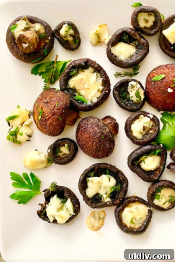 Tangy Blue Cheese Garlic Butter Mushrooms 3 baked mushrooms with fresh herbs