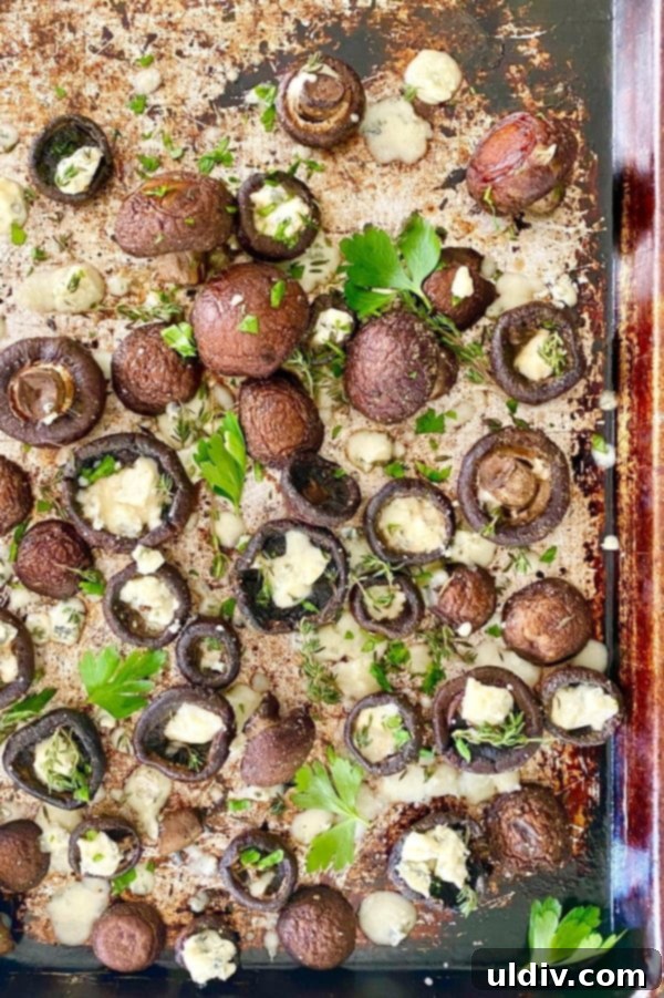 Decadent Garlic Butter Blue Cheese Mushrooms 5 Large baking sheet with baked garlic butter mushrooms, blue cheese, and fresh herbs, ready to be served
